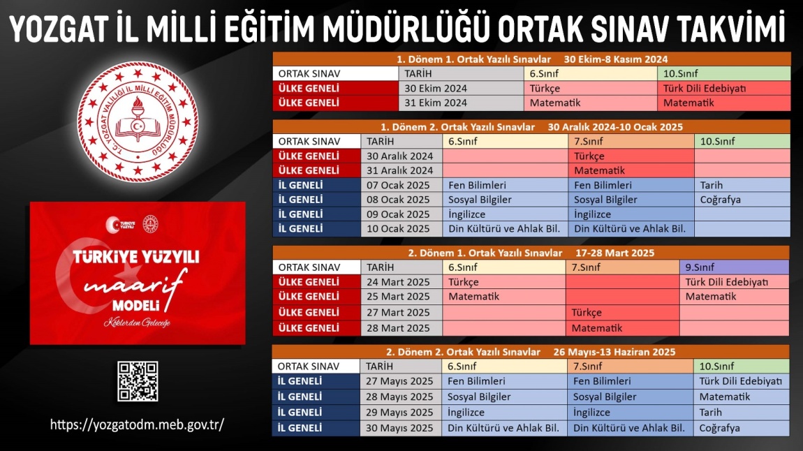 2024-2025 Eğitim-Öğretim Yılı Ortak Sınav Tarihleri